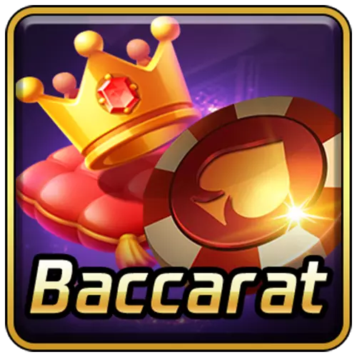 Gold crown and a gaming chip with a spade symbol above the Baccarat title